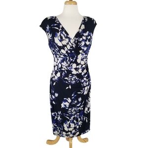 Lauren Ralph Lauren Blue/White Floral Sheath V Neck Stretch Dress Size 10 Ruched